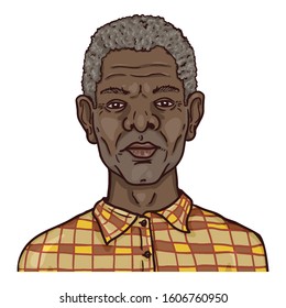 Vector Cartoon Avatar - Old Afro American Man in Checkered Shirt. Male Character Portrait.
