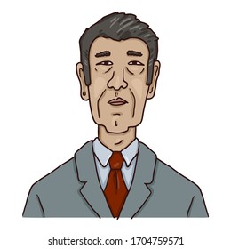 Vector Cartoon Avatar - Old Asian Man in Business Suit. Male Character Portrait.