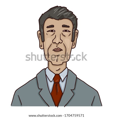 Vector Cartoon Avatar - Old Asian Man in Business Suit. Male Character Portrait.