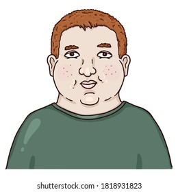 Vector Cartoon Avatar - Redhead Overweight Boy. Schoolboy Character Portrait
