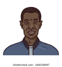 Vector Cartoon Avatar - Young Afro American Man in Baseball Jacket. Male Character Portrait.