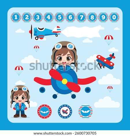 vector cartoon aviator boy on airplane digital illustration invitation character boy airplane
