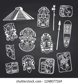 Vector cartoon aztec and maya mask elements set on black chalkboard background illustration