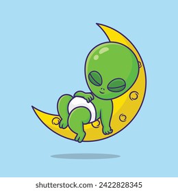 vector cartoon baby alien sleeping on the moon art design