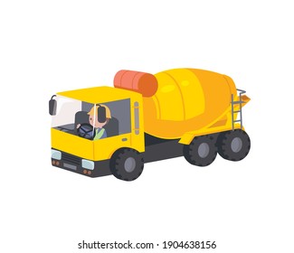 Vector cartoon baby childish style mixer truck carries load. Comic vector illustration of a vehicle character for a book. Helper cars. Flat design.