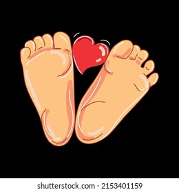 Vector cartoon baby foot with heart on black background.New born sign icon.Baby care concept.Greeting card.Family care.