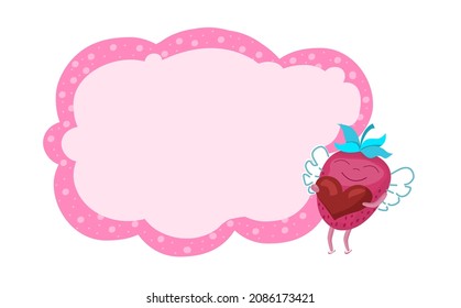 Vector cartoon baby frame for text with strawberries. Cute pink frame for the inscription of lovers with a strawberry character and a heart. Valentine's day banner