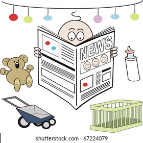 Vector cartoon of baby reading newspaper.