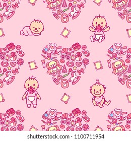 vector cartoon baby shower seamless pattern. Simple scrapbook texture. Funny toys, clothes, pink background. Birth party invite element. Cute backdrop texture illustration. Wrapping design for kids 05