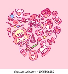 vector cartoon Baby Shower set for girls. Cute birthday card template. Kid heart logo pattern.  Scrapbook objects illustration on pink background. Birth party invite element Love gift design for child