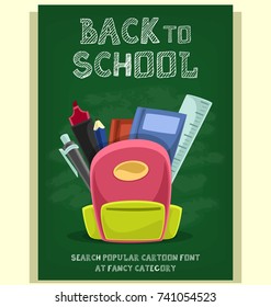 vector cartoon back to school banner print template with chalk board background text effect and girl school bag book and stuff