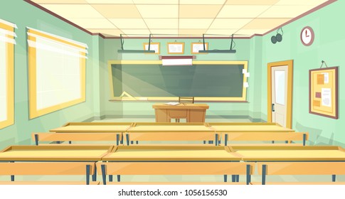 Vector Cartoon Background - Back To College. Empty School Classroom, Interior Inside, Lecture Hall. Education Concept Illustration, University Training Room With Furniture, Chalkboard, Table, Desks.