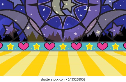 Vector cartoon background. Ballroom with stained glass window, moon and stars, border wall, tile floor, forest and sky. Night version, for kids games, apps, video channels. Children’s book style
