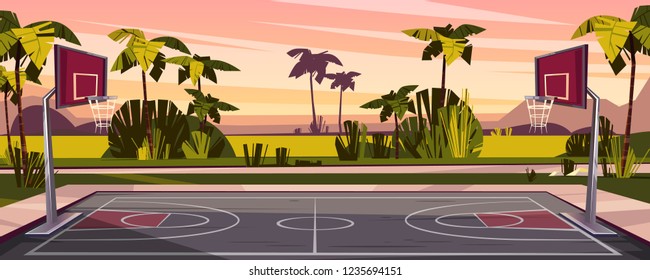 Vector Cartoon Background Of Basketball Court On Street. Outdoor Sport Arena With Baskets For Game. Playground For Competition, Championship. Backdrop With Tropic Palms, Sunset Sky And Green Field.