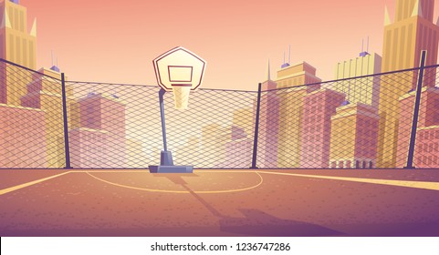Vector cartoon background of basketball court in city. Outdoor sports arena with basket for game. Street playground in town for competition, championship. Backdrop with metal lattice and skyscrapers.