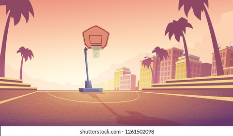 Vector cartoon background with basketball court in city, athletic field with backboard, basket and ring. Outdoor sports ground for play streetball. Urban concept landscape with playground in sunset