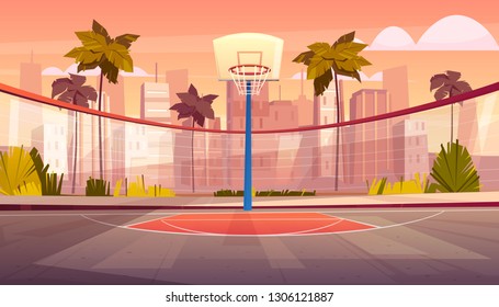 Vector Cartoon Background Of Basketball Court In Tropic City. Outdoor Sports Arena With Basket For Game. Street Playground In Town. Backdrop With Green Trees, Palms And Skyscrapers.