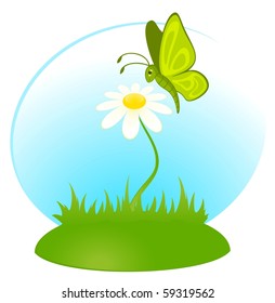 Vector cartoon background with camomile and butterfly