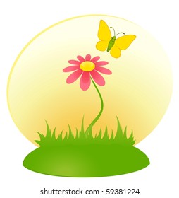 Vector cartoon background with camomile and butterfly