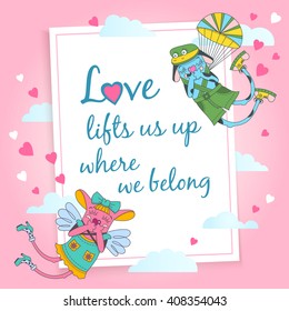 Vector cartoon background with clouds, hearts, couple of funny flying mice and phrase about love.