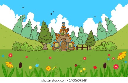 Vector cartoon background. Cute fairytale illustration of house in the wood, day time. Pine trees, flowers, grass. Perfect for kids games, apps, channels, books, walls in room. Children’s book style