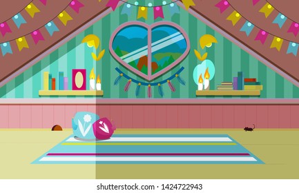 Vector cartoon background. Cute girls room, mansard, with heart window, festive garland and tassel, book shells, candles, cute flower lamps. Night version, for kids games, apps, video channels