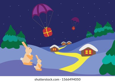 Vector cartoon background with cute houses, bunnies, Christmas trees and parachutes with gifts. Flat New Year illustration. The night winter forest.