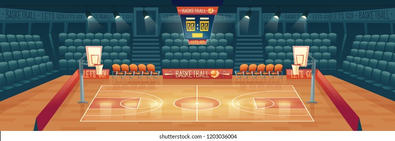 Vector cartoon background of empty basketball court. Interior of sports arena with spotlights, seats and place for sports game. Playground for competition, championship. Space for viewers, fan sector.