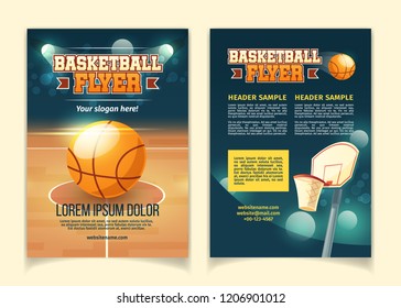 Vector Cartoon Background, Flyers To Invite On Basketball Game. Booklets With Court, Sports Arena In Lights Of Spotlights. Brochure With Competition, Design Template For Championship Announcement