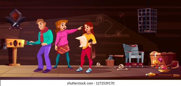 Vector cartoon background for game, quest with people in medieval torture hall. Escape room with guy and girls. Man with flashlight searches out the exit. Scaffold, torment chair and bones on floor.