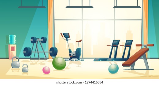 Vector cartoon background of gym with big window. Spacious place with barbells, treadmill and rubber balls. Sport interior with dumbbells, water cooler and training bike. Athletic, healthy concept.