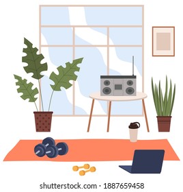 Vector cartoon background of home gym with window. Morning exercises, fitness training with metal dumbbell. Sport interior with record player, bottle and fitness mat. Athletic, healthy concept