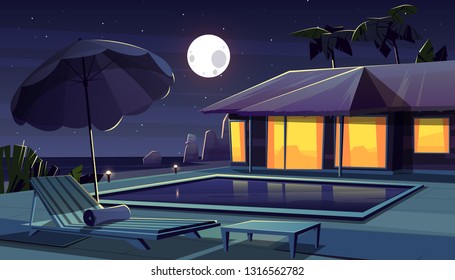 Vector cartoon background with hotel at night. Living apartment of tropical resort water pool, full moon backdrop. Hostel outside, chaise lounge, deck chair with pond. Summer rest.