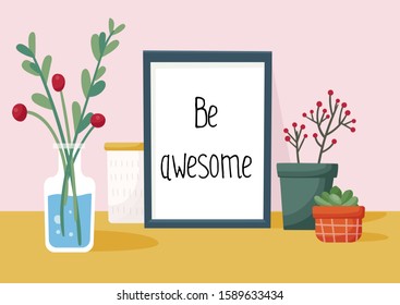 Vector cartoon background with house plants, vase and poster. part of wall, interior design