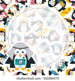 Vector cartoon background. Illustration of cute kawaii penguin