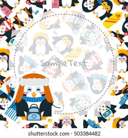 Vector cartoon background. Illustration of cute kawaii penguin