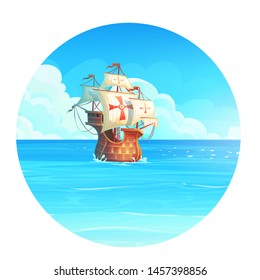 Vector cartoon background illustration of the ship in the ocean. Bright image to create original video or web games, graphic design, screen savers