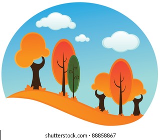 vector cartoon background with images of trees and valley