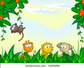 Vector cartoon background. Jungle. The frame of the plant. They protrude from African animals. Monkey, giraffe, lion, elephant.