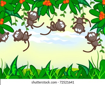 Vector cartoon background. Jungle. The frame of the plant. The nice monkeys hung on trees. African animals.