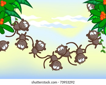 Vector cartoon background. Jungle.  The nice monkeys hung on trees. They cling to each other forming a living bridge. African animals.