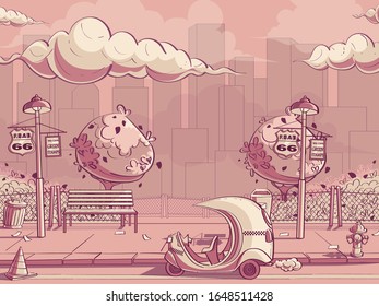 Vector cartoon background landscape Pin-up style. For web, video games, user interface, design.