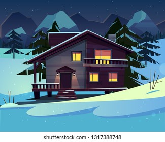 Vector cartoon background with a luxury hotel in snowy mountains at night. Wooden living apartment, dark chalet of winter resort for skiing, snowboarding. Colorful backdrop with cozy, modern cottage.