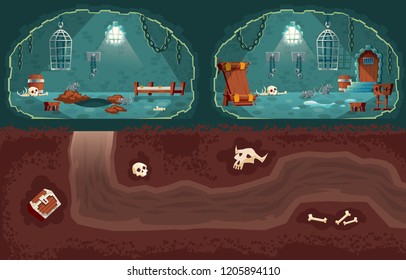 Vector cartoon background with medieval prison, torture room and underground passage for escape. Undermining from jail with window to freedom. Rack, shackles and metal hanging cage for punishment.