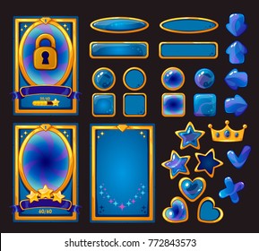 Vector cartoon background for mobile game user interface, mission preview. Isolated on dark background.