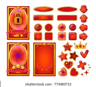 Vector cartoon background for mobile game user interface, mission preview. Mobile game red buttons set. Isolated on white background.