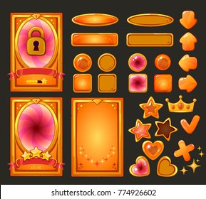 Vector cartoon background for mobile game user interface, mission preview. Isolated on dark background.