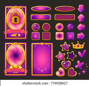 Vector cartoon background for mobile game user interface, mission preview. Game buttons purple set. Isolated on dark background.