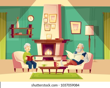 Vector cartoon background with old man and woman, who sit in armchairs near fireplace, rest, read book and newspaper. Modern interior of living room with furniture. Family life concept illustration