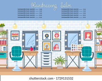 Vector Cartoon Hintergrund zum Thema Mode und Schönheit. Illustration mit farbenfrohen Symbolen des Friseursalons. Abdeckung mit der Preisliste für Dienstleistungen